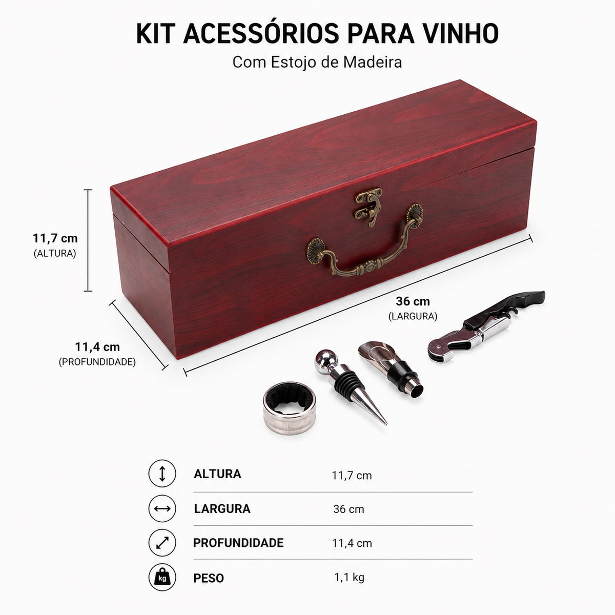 Kit Vinho 4 peças Haddra com Caixa de Madeira para Guardar Garrafa