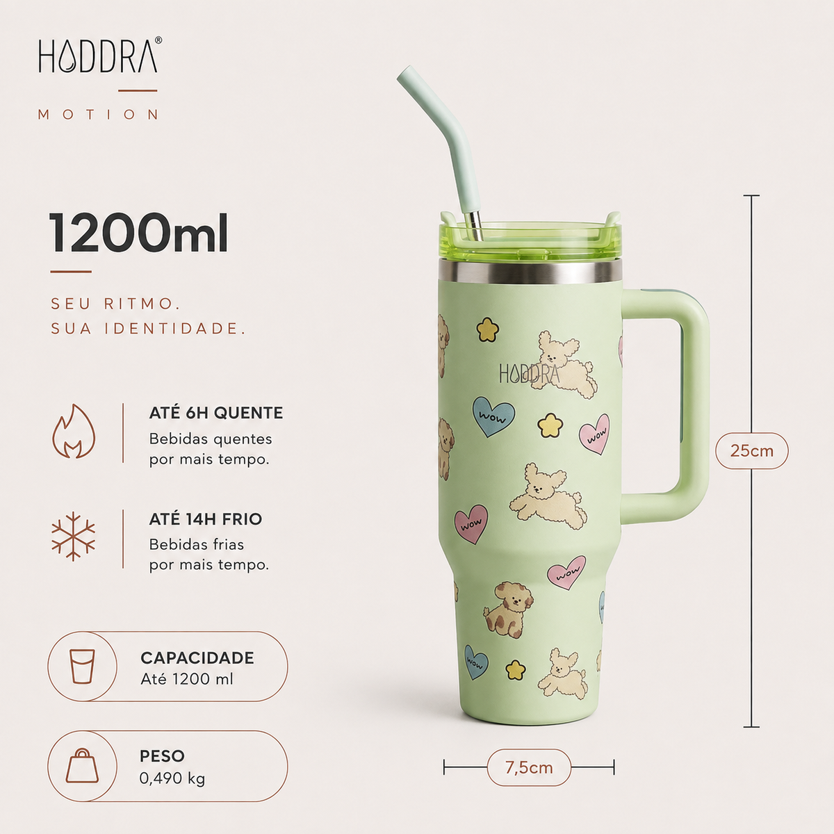 Copo Térmico Haddra 1200ml Desenhos Fofos com Canudo Inox e Alça