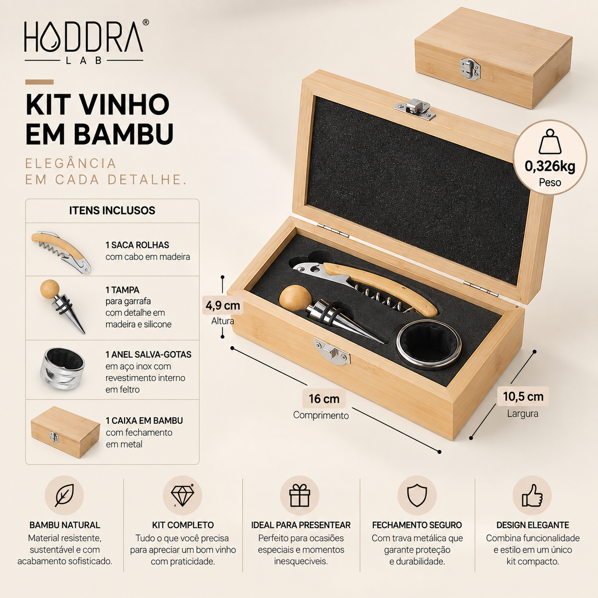 Kit Vinho com 3 peças em Caixa de madeira - Haddra Lab