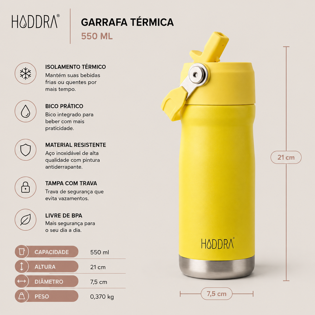 Garrafa Térmica Haddra 550ml com Canudo e Alça