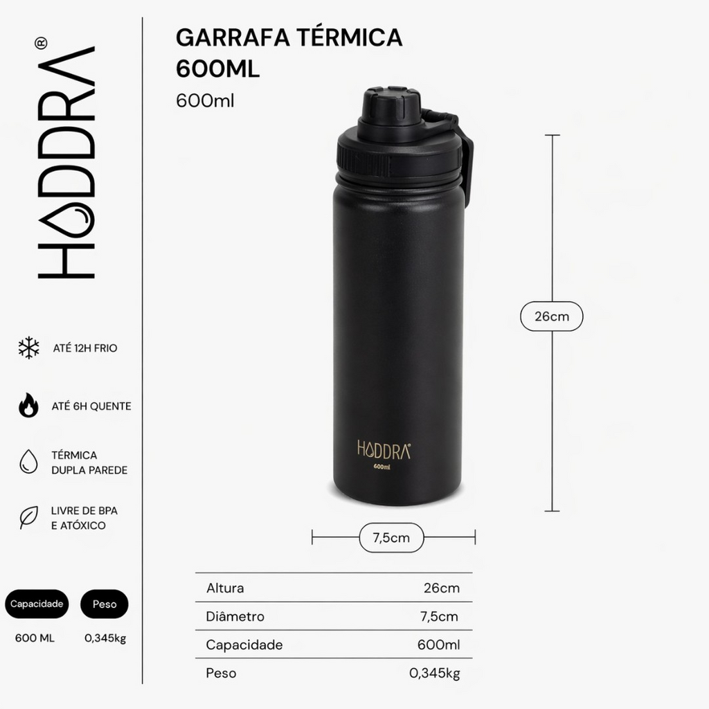 Garrafa Térmica Haddra 600ml em Aço Inox - H600
