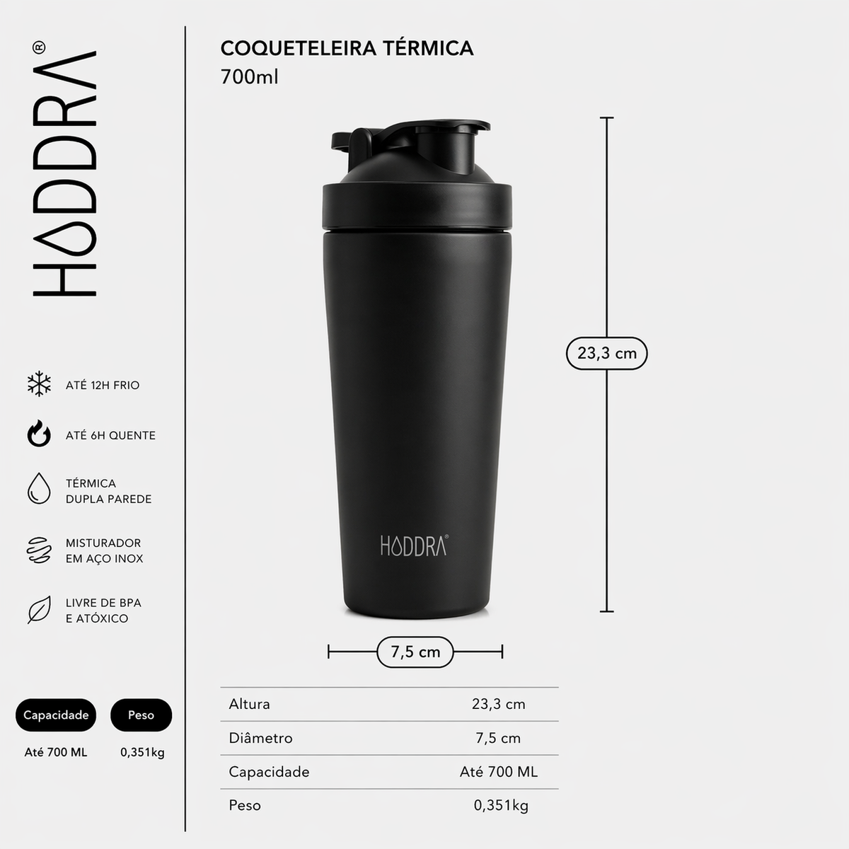 Coqueteleira Térmica Haddra 700ml com Misturador em Inox