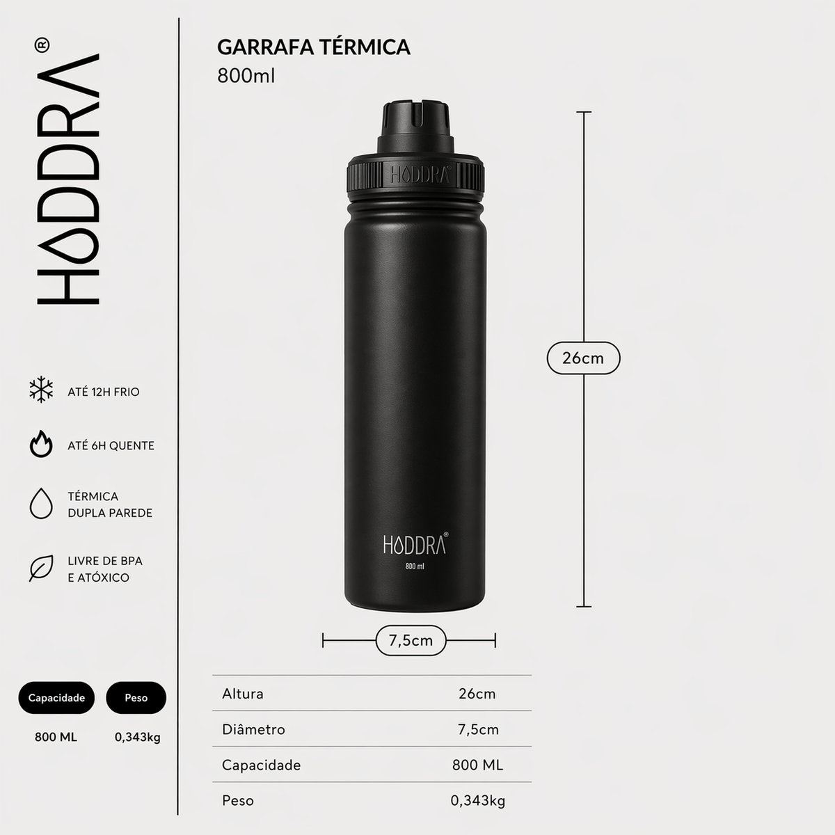 Garrafa Térmica Haddra 800ml em Aço Inox