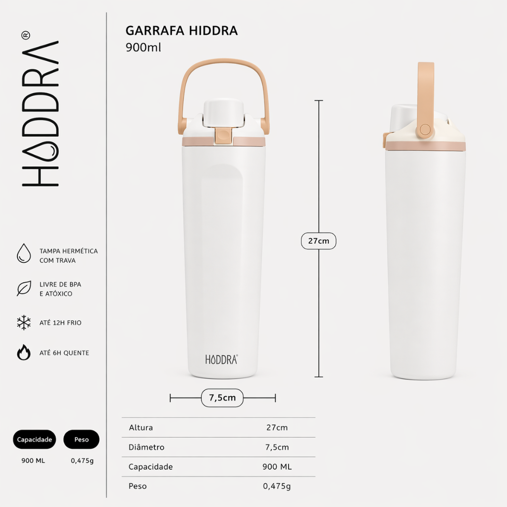 Garrafa Térmica Haddra 900ml com Alça e Tampa Antivazamento