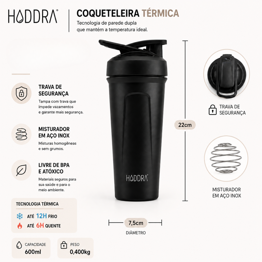 Coqueteleira Térmica Haddra Vibe 600ml com Mola