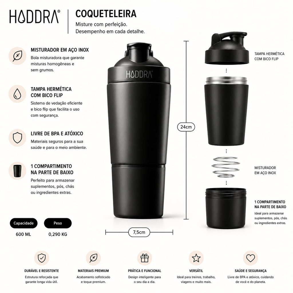 Haddra Motion 600ml Thermal Shaker Bottle with Compartment