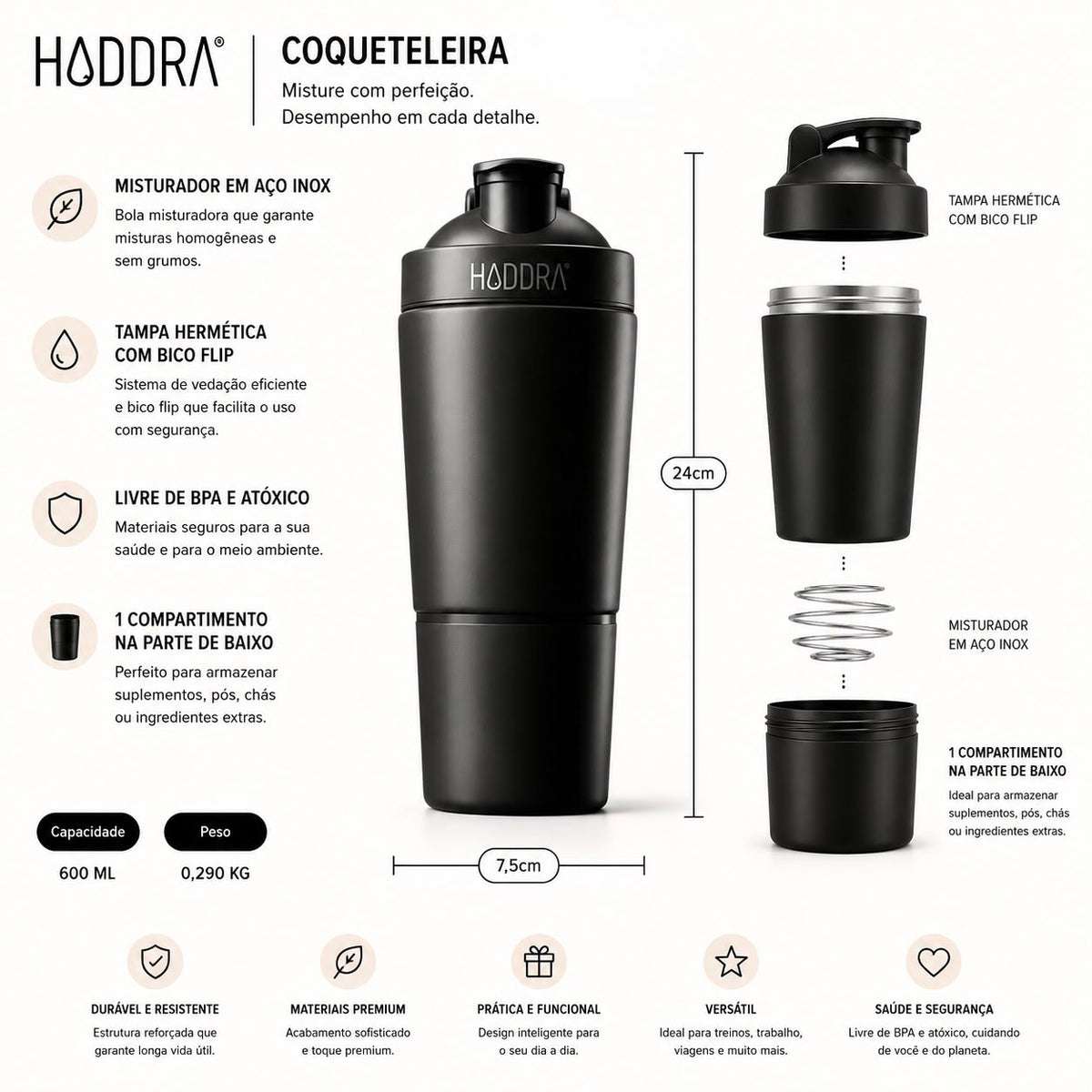 Haddra Motion 600ml Thermal Shaker Bottle with Compartment