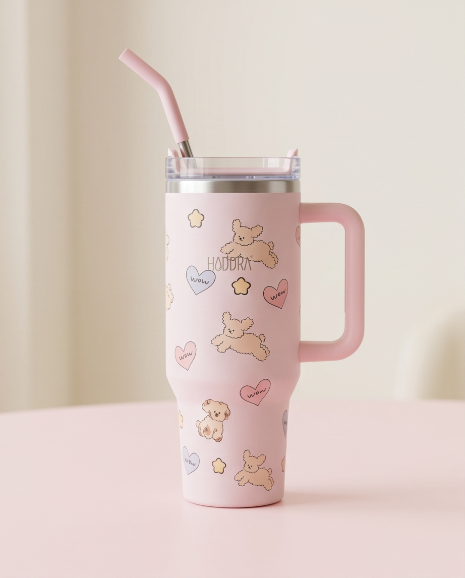 Copo Térmico Haddra 1200ml Desenhos Fofos com Canudo Inox e Alça
