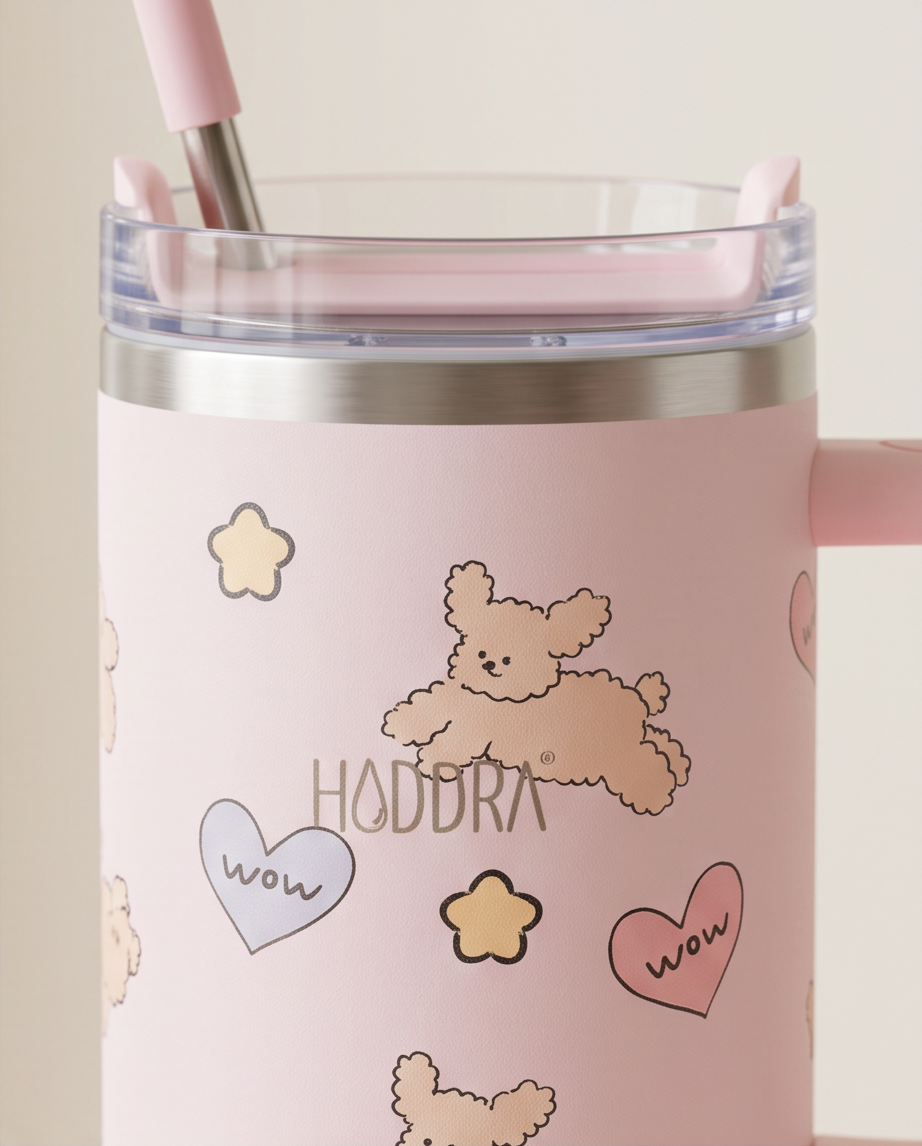 Copo Térmico Haddra 1200ml Desenhos Fofos com Canudo Inox e Alça