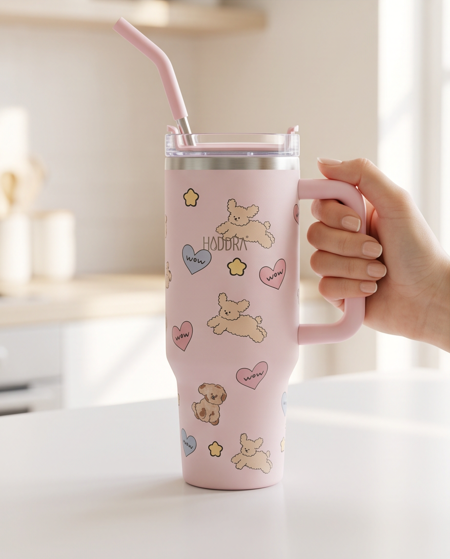 Copo Térmico Haddra 1200ml Desenhos Fofos com Canudo Inox e Alça