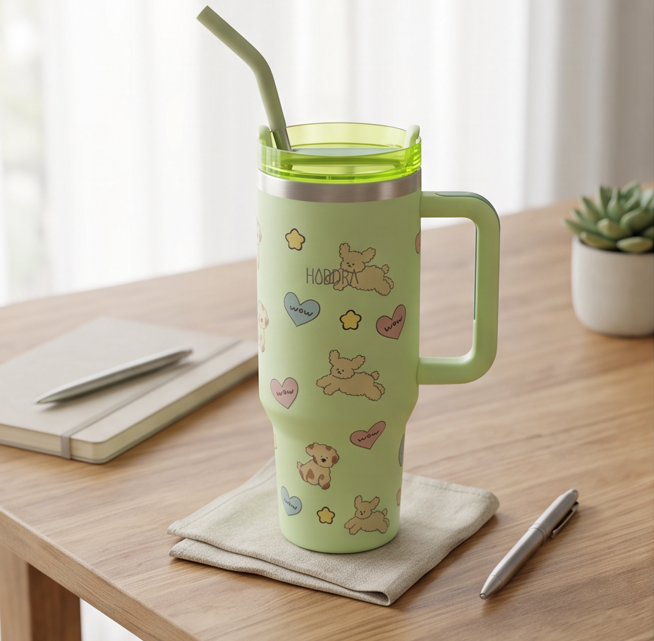 Copo Térmico Haddra 1200ml Desenhos Fofos com Canudo Inox e Alça