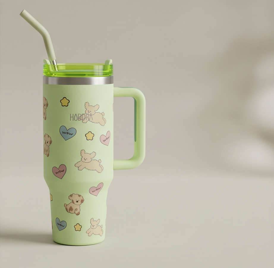 Copo Térmico Haddra 1200ml Desenhos Fofos com Canudo Inox e Alça