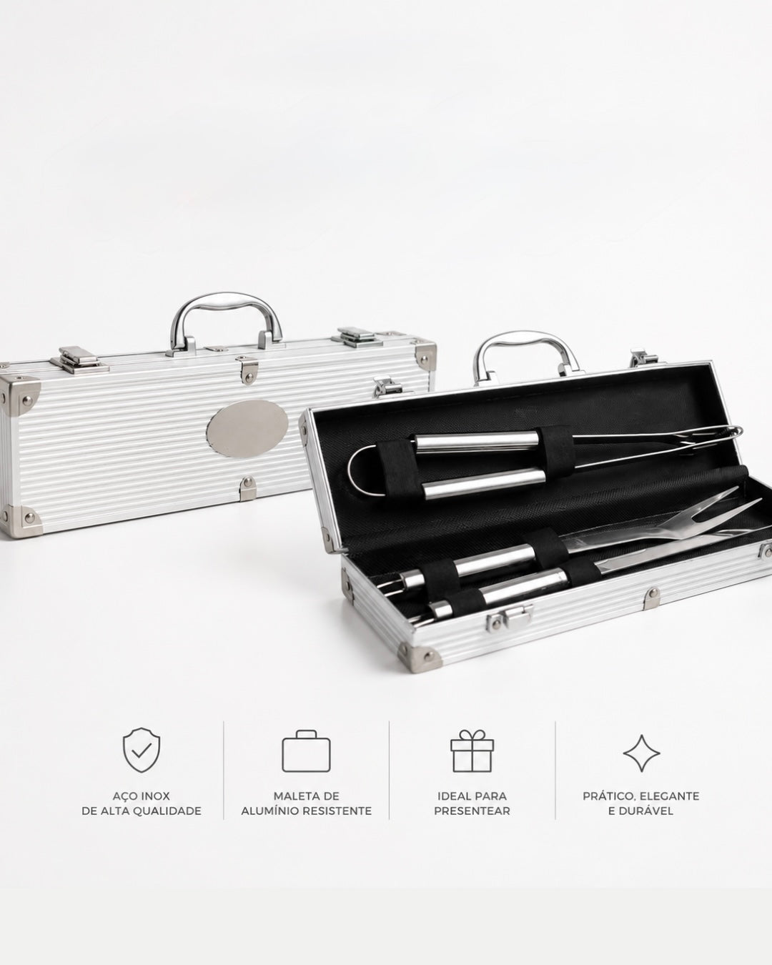 Kit Churrasco Haddra 3 Peças em Aço Inox com Maleta de Alumínio