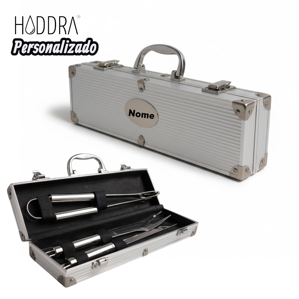 Kit Churrasco Haddra 3 Peças em Aço Inox com Maleta de Alumínio