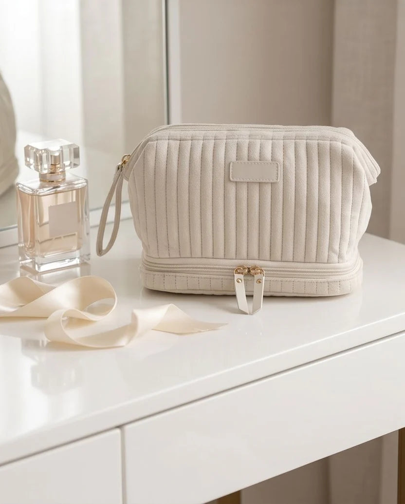 Necessaire Aveludada Cotelê 2 Bolsos com Zíper