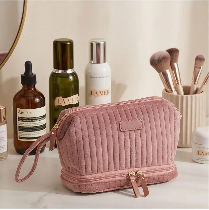 Necessaire Aveludada Cotelê 2 Bolsos com Zíper