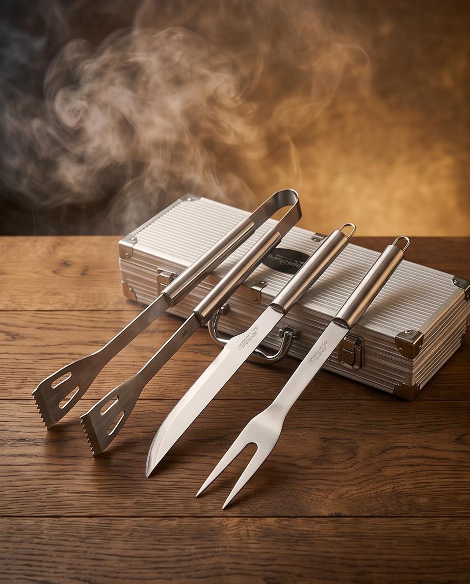 Kit Churrasco Haddra 3 Peças em Aço Inox com Maleta de Alumínio