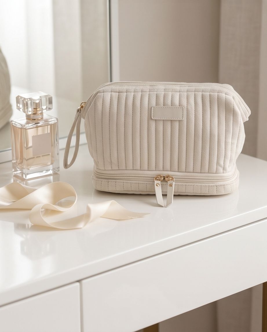 Necessaire Aveludada Cotelê 2 Bolsos com Zíper