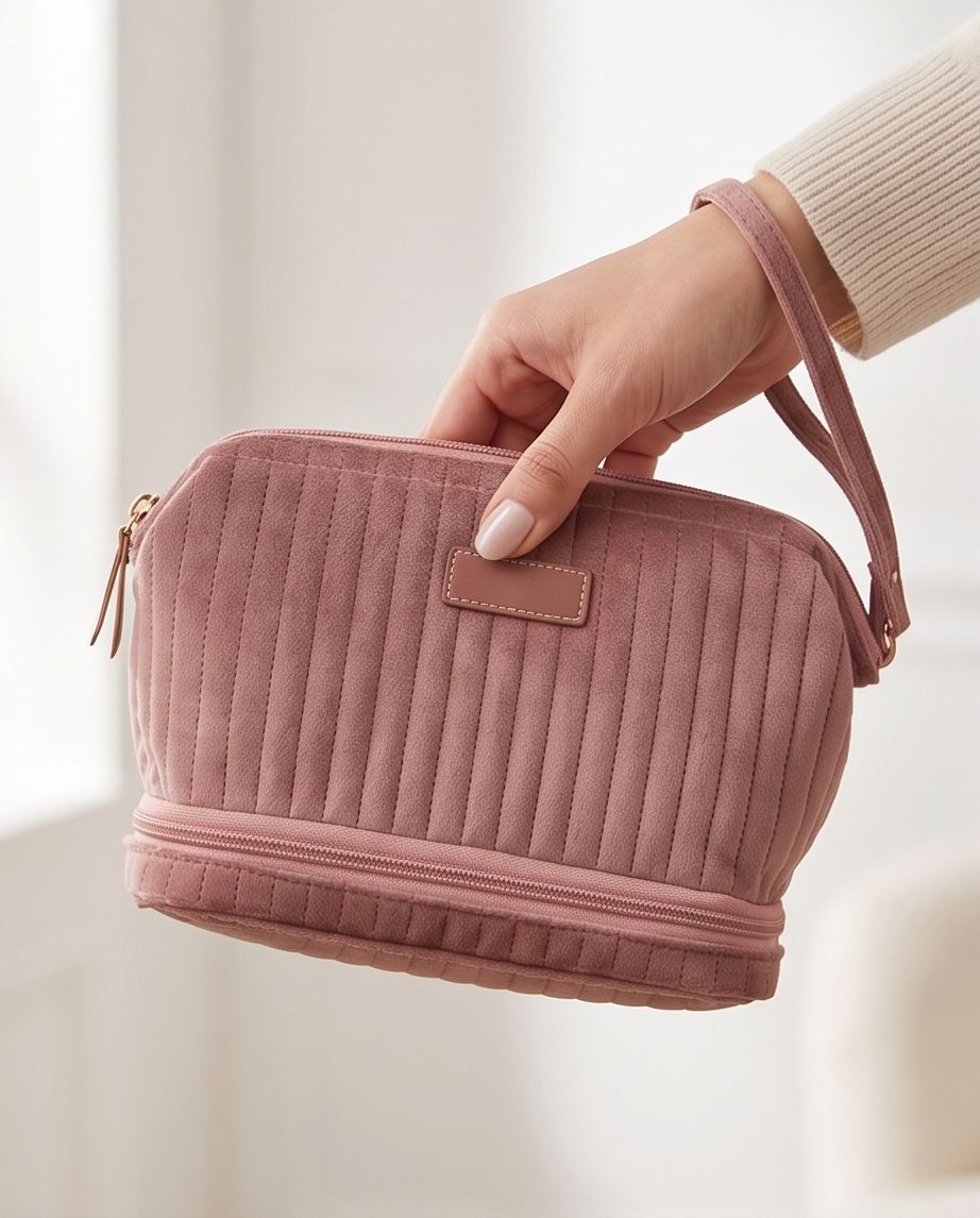 Necessaire Aveludada Cotelê 2 Bolsos com Zíper