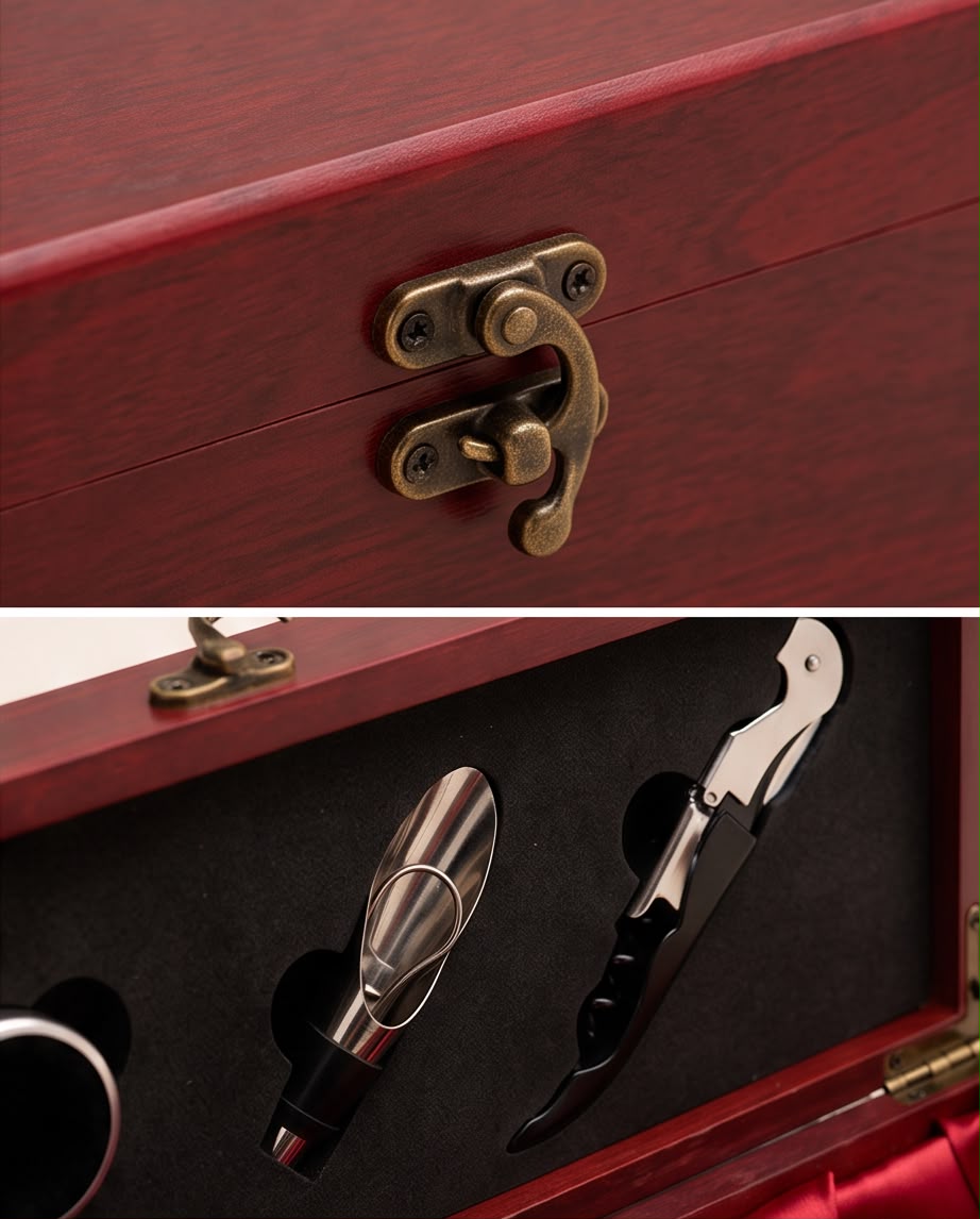 Kit Vinho 4 peças Haddra com Caixa de Madeira para Guardar Garrafa