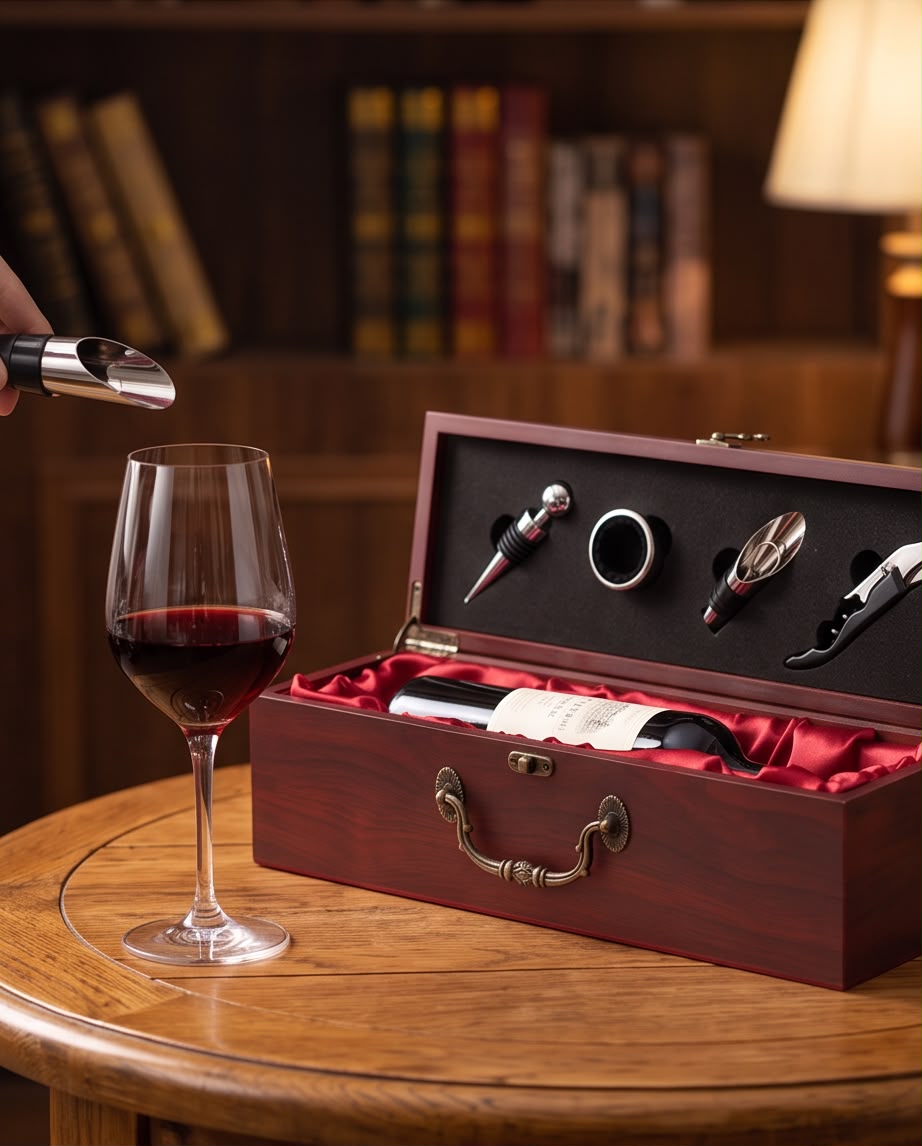 Kit Vinho 4 peças Haddra com Caixa de Madeira para Guardar Garrafa