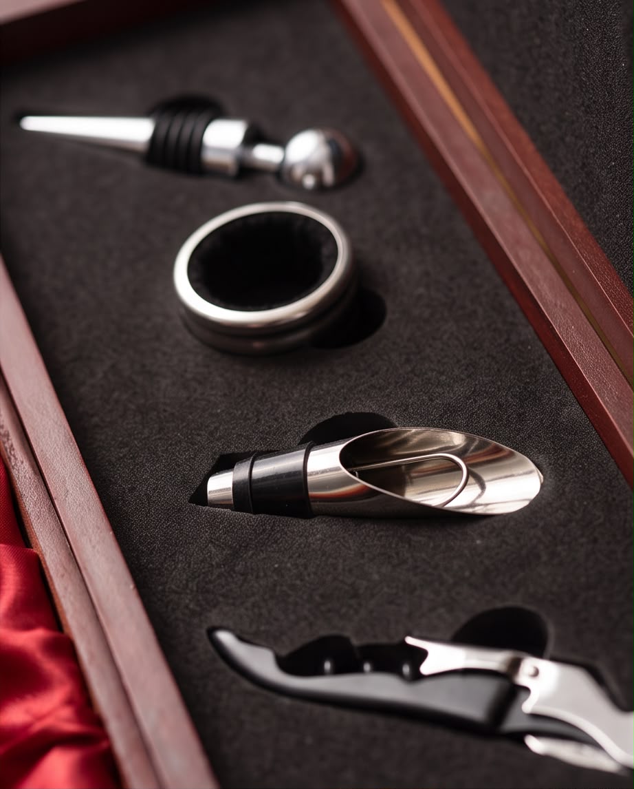 Kit Vinho 4 peças Haddra com Caixa de Madeira para Guardar Garrafa