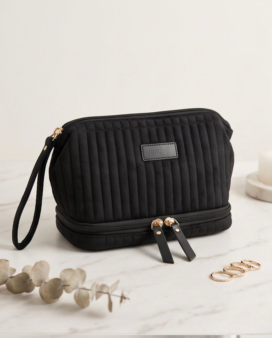 Necessaire Aveludada Cotelê 2 Bolsos com Zíper
