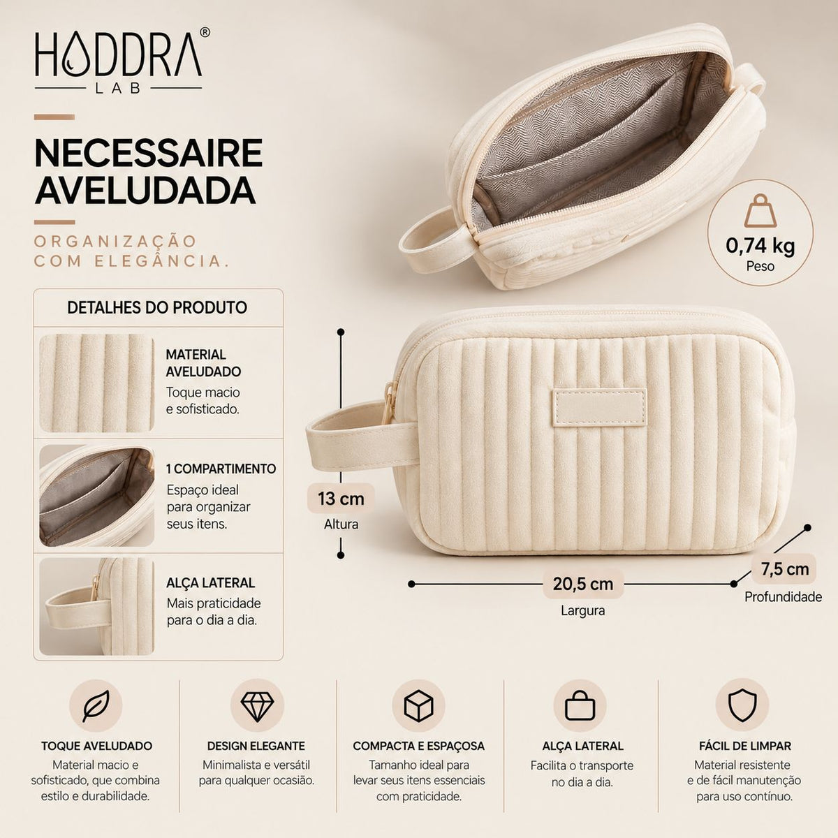 Necessaire Aveludada Cotelê 1 Bolso com Zíper